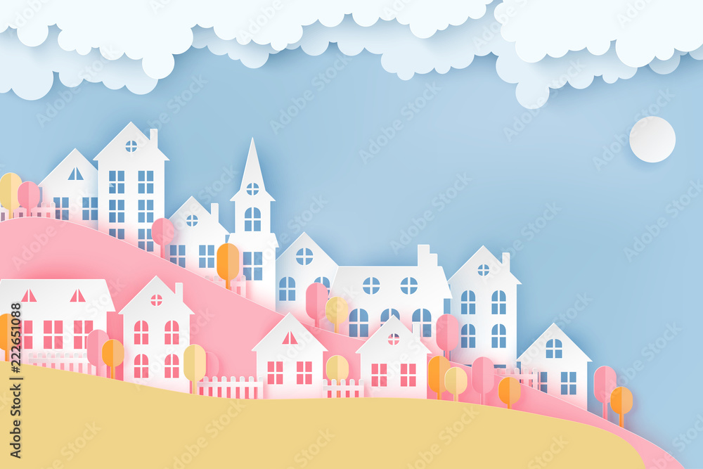 Urban countryside landscape village with cute paper houses, trees and fluffy clouds. Autumn pastel colored paper cut background