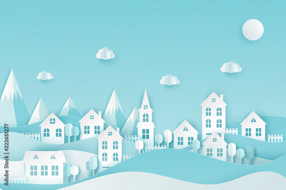 Urban countryside landscape village with cute paper houses, trees, mountains and fluffy clouds. Pastel colored paper cut background