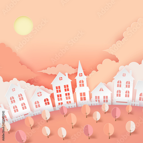 Urban countryside landscape village with cute paper houses, trees and fluffy clouds. Autumn pastel colored paper cut background