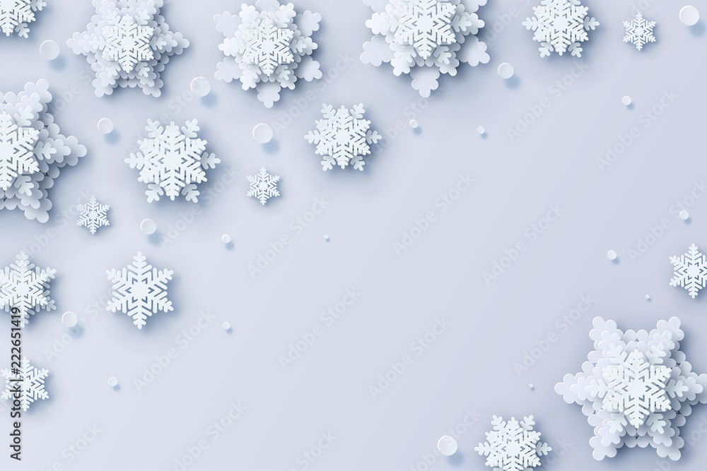 Abstract Christmas background with volumetric paper snowflakes. White 3D snowflakes with shadow. Xmas and new year card template. Winter paper art design Abstract Christmas background with volumetric paper snowflakes. White 3D snowflakes with shadow. Xmas and new year card template. Winter paper art design