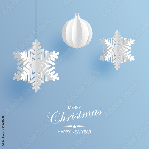 Abstract background with volumetric paper snowflakes and christmas ball. White 3D snowflakes and decorations. Xmas and new year card template. Winter paper art design