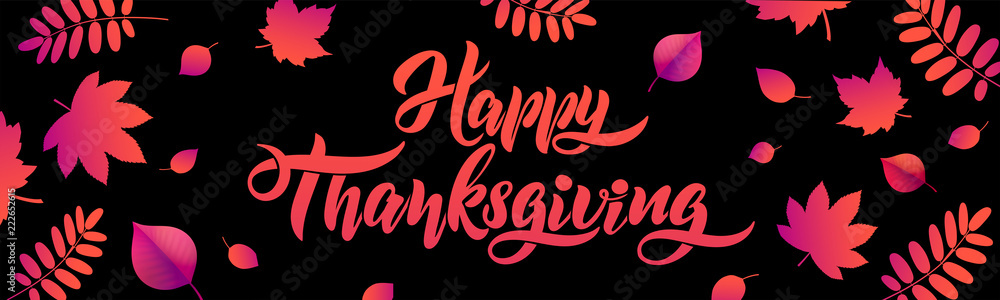 Vector Hand drawn Lettering Happy Thanksgiving typography poster with fallen leaves on black background Vector Hand drawn Lettering Happy Thanksgiving typography poster with fallen leaves on black background