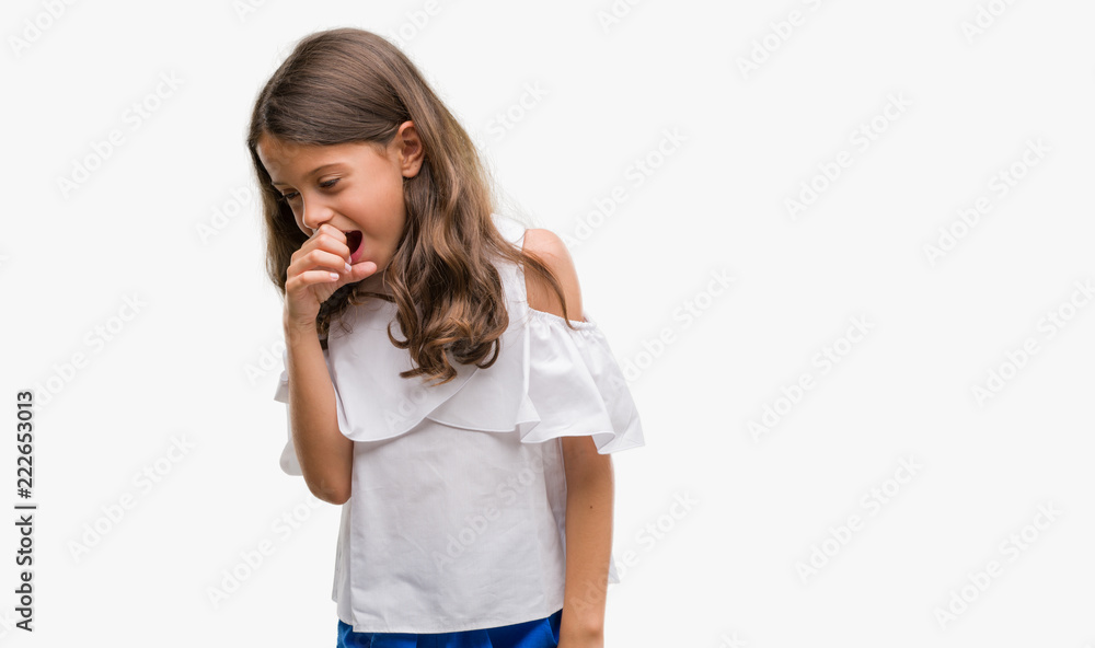 Brunette hispanic girl feeling unwell and coughing as symptom for cold or bronchitis. Healthcare concept. Brunette hispanic girl feeling unwell and coughing as symptom for cold or bronchitis. Healthcare concept.