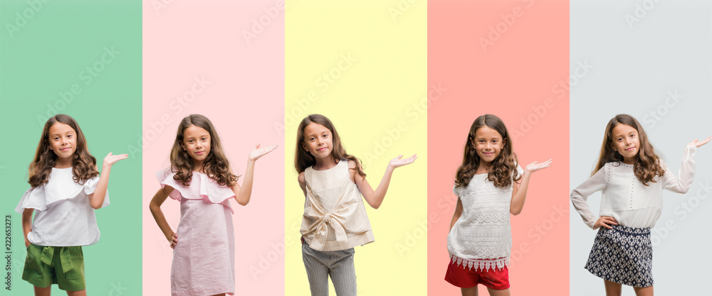 Obraz premium Collage of brunette hispanic girl wearing different outfits smiling cheerful presenting and pointing with palm of hand looking at the camera.