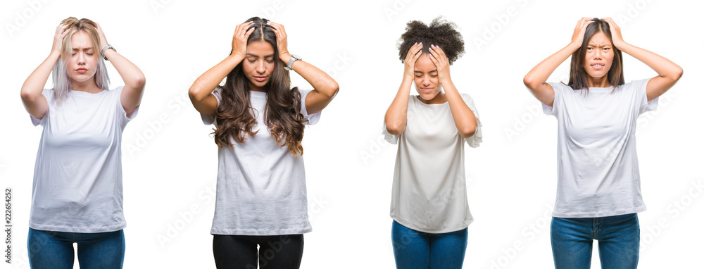 Obraz premium Collage of group of chinese, arab, african american woman over isolated background suffering from headache desperate and stressed because pain and migraine. Hands on head.