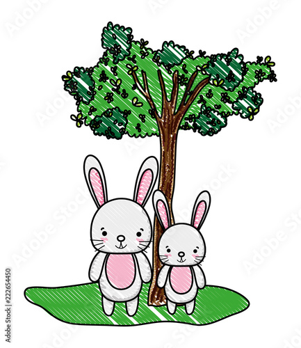 grated cute couple rabbit animal and tree