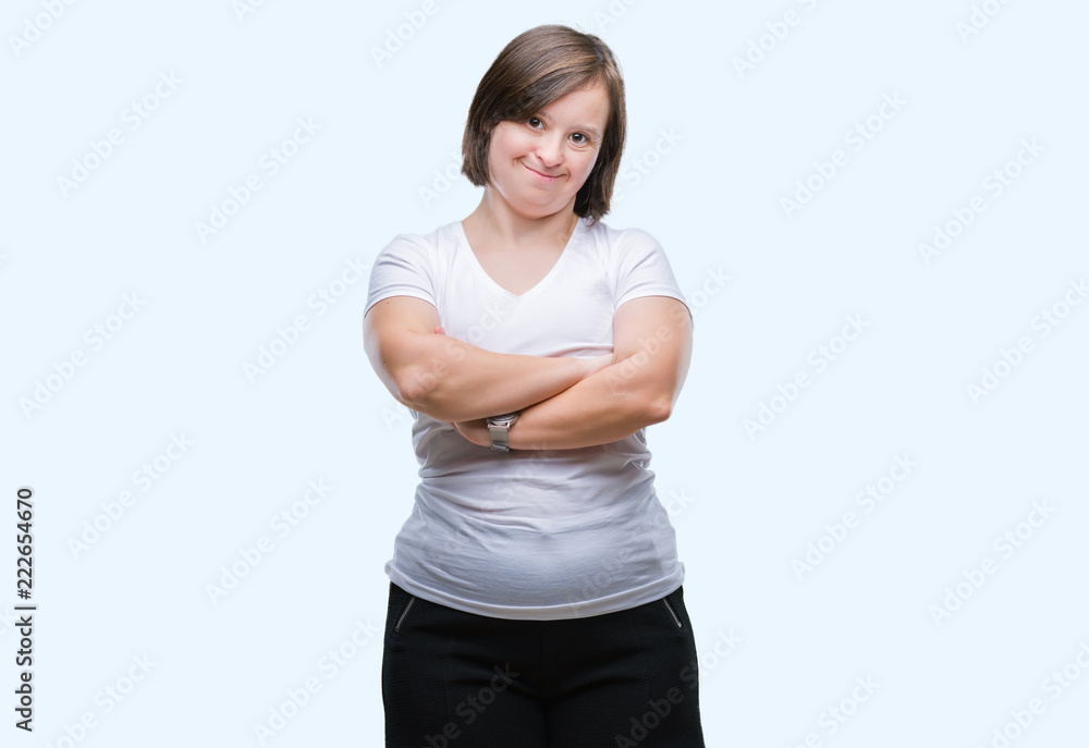 Young adult woman with down syndrome over isolated background happy face smiling with crossed arms looking at the camera. Positive person. Young adult woman with down syndrome over isolated background happy face smiling with crossed arms looking at the camera. Positive person.