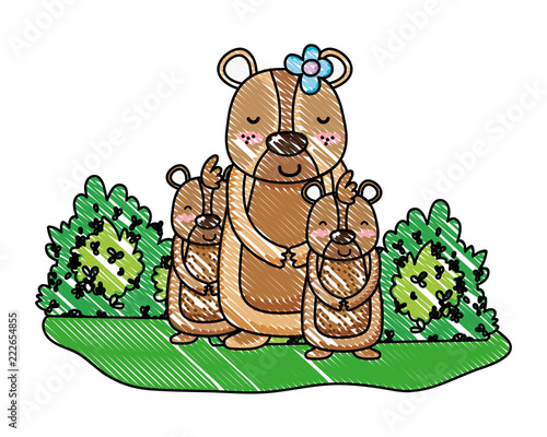 grated female bear with its sons animals and bushes