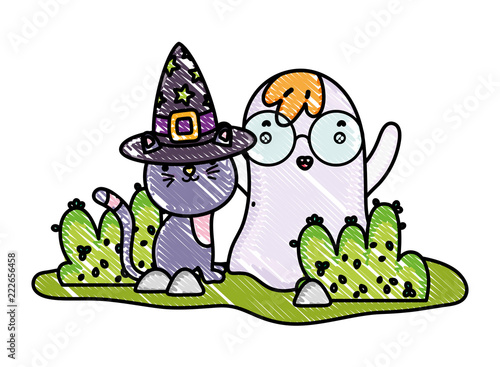 grated cute cat with hat and ghost wearing glasses