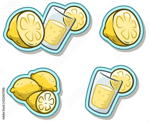 Cartoon glass with lemonade and lemon sticker icon