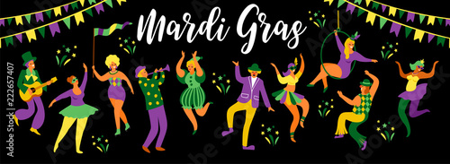 Mardi Gras. Vector illustration of funny dancing men and women in bright costumes.