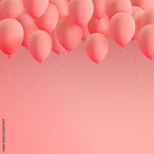 Set of realistic mat helium balloons floating on pink background. Vector 3D balloons for birthday, party, wedding or promotion banners or posters. Vivid illustration in pastel colors.