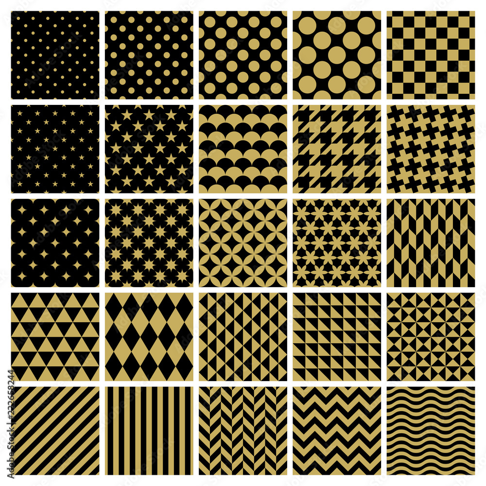 Set of 25 classic geometric patterns. Vector seamless gold patterns. Set of 25 classic geometric patterns. Vector seamless gold patterns.