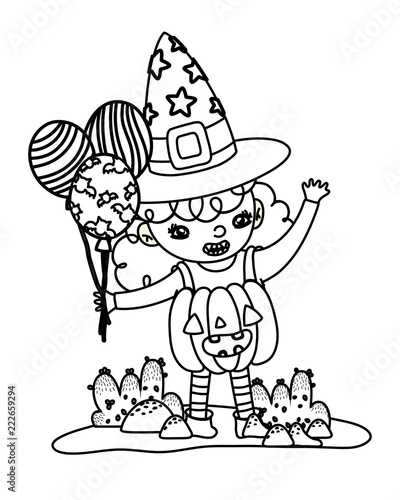 outline happy gril with pumpkin costume and balloons