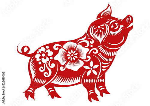 Chinese Zodiac Sign Year of Pig,Red paper cut pig,Happy Chinese New Year 2019 year of the pig