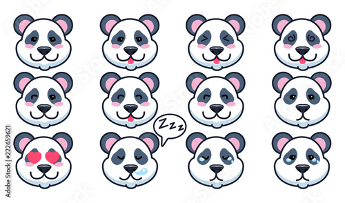 Set of cute cartoon pandas with various emotions. Vector illustration