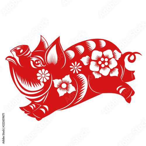 Chinese Zodiac Sign Year of Pig,Red paper cut pig,Happy Chinese New Year 2019 year of the pig