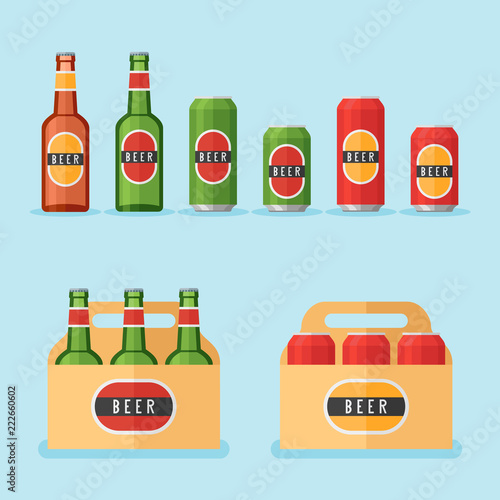 Set of beer bottles, cans and packs isolated on blue background. Flat style vector illustration.