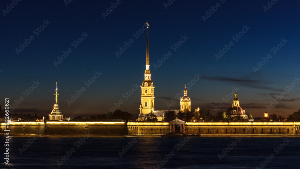 Night walks along the Neva River, Peter and Paul Fortress, Russia, St. Petersburg.