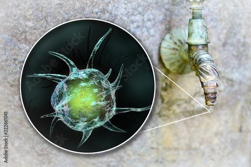 Safety of drinking water concept, 3D illustration showing parasitic microorganisms contaminating drinking water photo