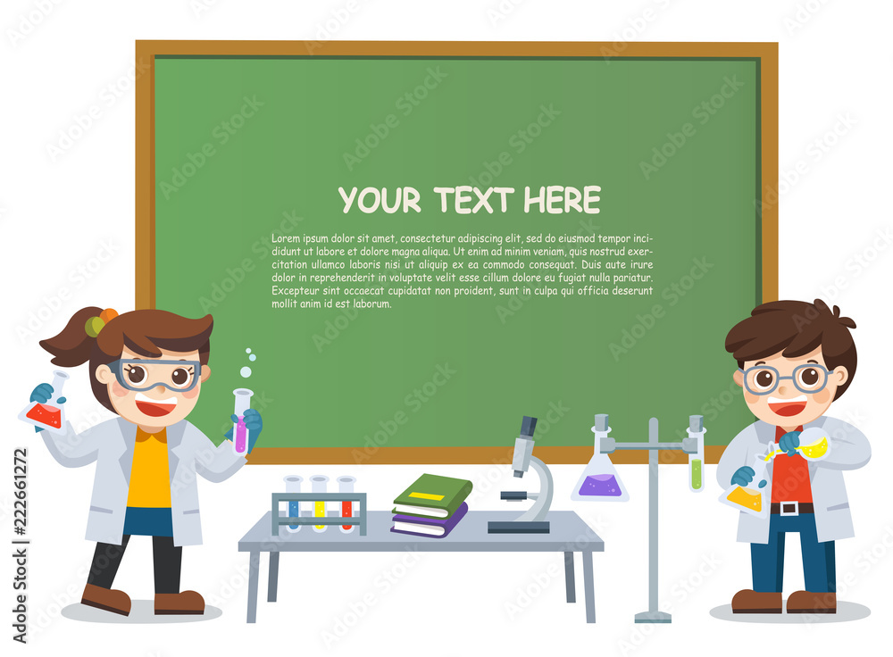 children doing science lab experiment with blackboard in chemistry class. children doing science lab experiment with blackboard in chemistry class.