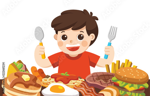 A Boy with spoon and fork going to eat Foods.