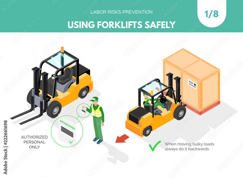 Recomendatios about using forklifts safely. Labor risks prevention concept. Isometric design isolated on white background. Vector illustration. Set 1 of 8. Recomendatios about using forklifts safely. Labor risks prevention concept. Isometric design isolated on white background. Vector illustration. Set 1 of 8.