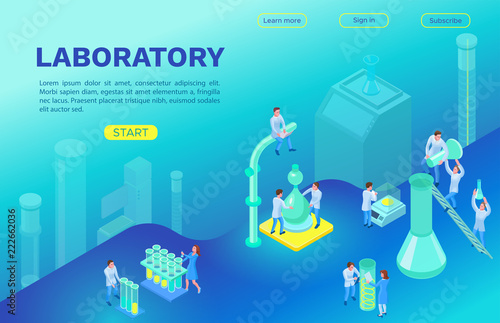 Isometric landing page template with laboratory equipment, 3d machines, scientists doing experiment and research, modern chemical lab vector illustration
