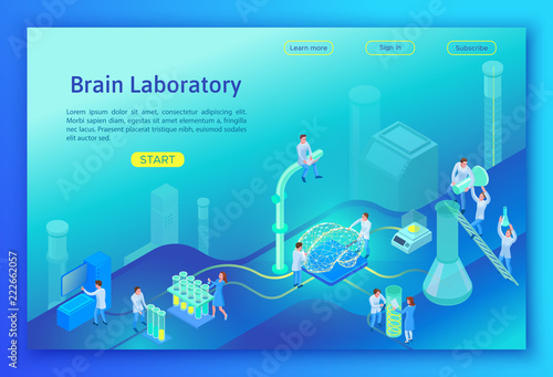 Laboratory researching brain isometric concept, landing page template with 3d equipment, people doing scientific experiment and analysis, modern lab vector illustration