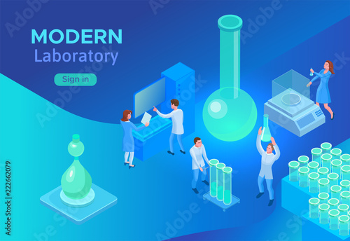 Isometric laboratory concept, landing page template with 3d equipment, scientists doing experiment and research, modern pharmaceutical lab vector illustration