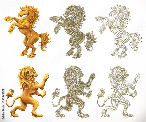 Horse anb lion. 3d and engraving styles. Vector illustration © Natis