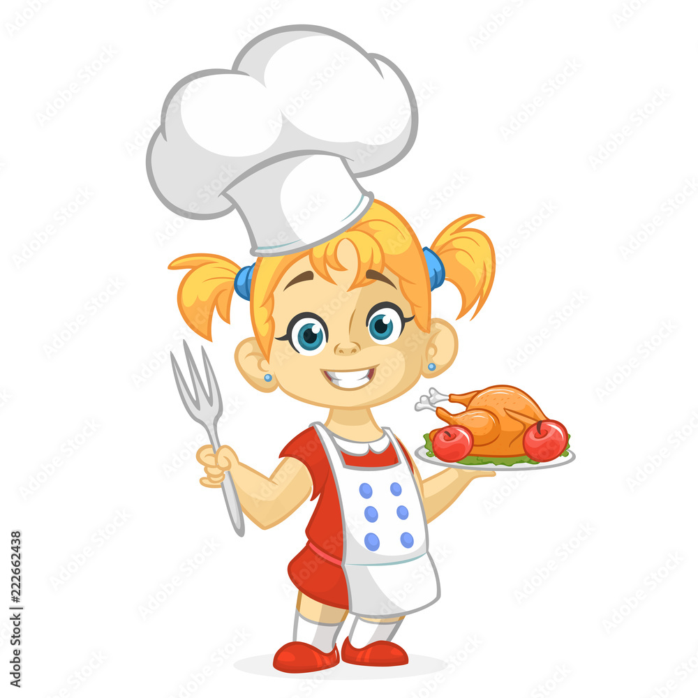 Cartoon girl serving roasted thanksgiving turkey dish. Thanksgiving design Cartoon girl serving roasted thanksgiving turkey dish. Thanksgiving design