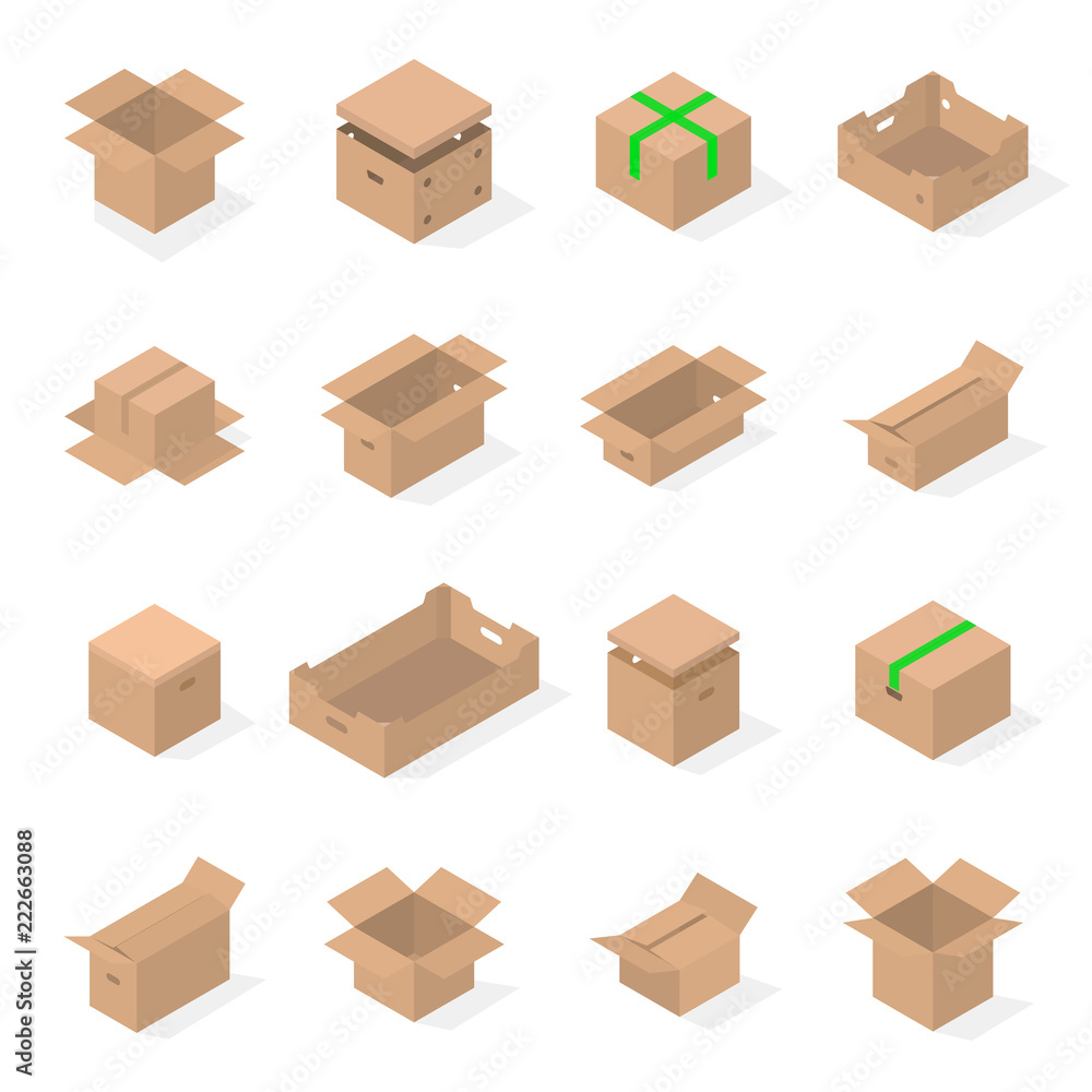 Set of cardboard boxes in 3d, vector illustration. Set of cardboard boxes in 3d, vector illustration.