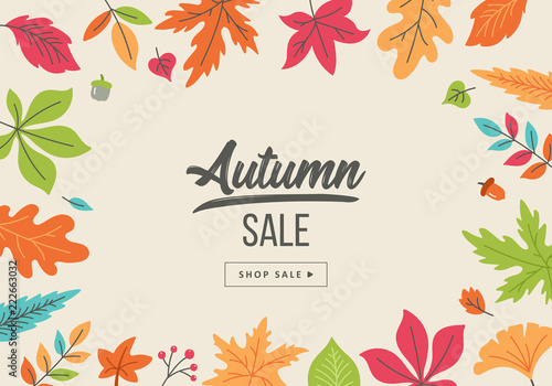 Autumn sale banner design with fall leaves background.