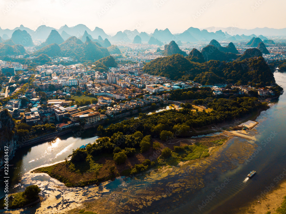 Guilin aerial view with Li river and stunning rock formations in China