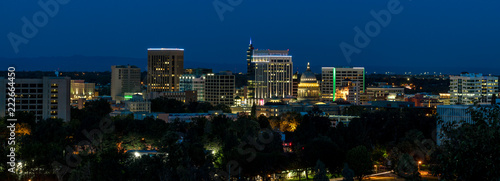 Classic skyline of Boise Idaho seen at night with deep blue morning sky