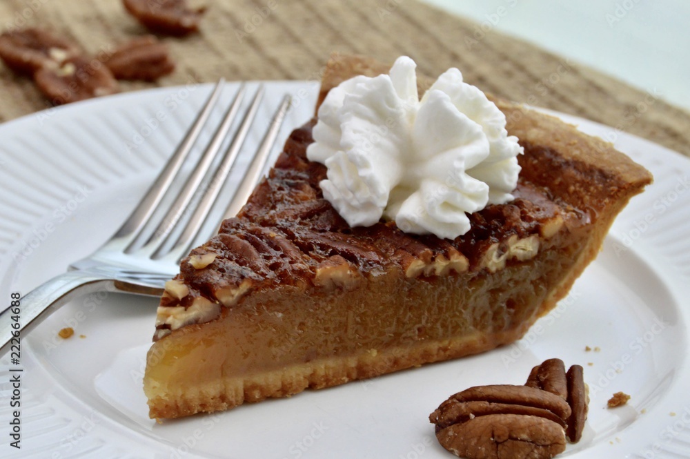 Slice of pecan pie with whipped cream on a white plate Slice of pecan pie with whipped cream on a white plate