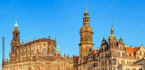 Panoramic view of the Dresden Castle with Hausmannsturm Tower at sunset, no people