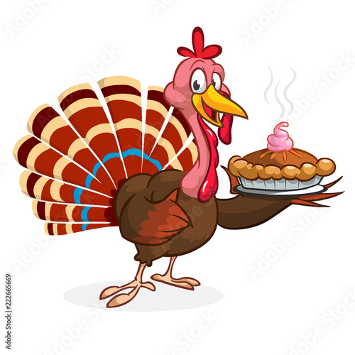 Thanksgiving Cartoon Turkey bird holding fork and pie. Vector illustration of funny turkey character clipart