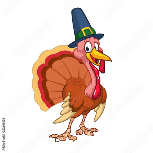 Cartoon happy  thanksgiving turkey character  wearing pilgrim hat outline. Vector illustration isolated. 