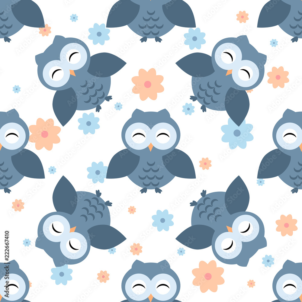 Owls pattern with flowers. Different owls characters, seamless pattern. Spring and summer theme.