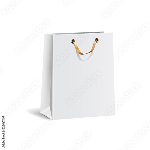 Vector illustration of empty gift white paper shopping bag with gold ribbon for advertising, branding. Isolated mock up