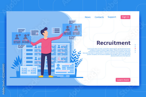 Recruitment landing page concept. Recruiter looking for personnel on the web pages. Employer choices applicants on job. Vector illustration.