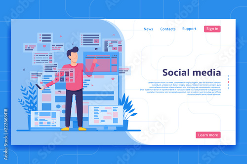 Social media landing page concept. Man looks social media websites on the web pages. Vector illustration.