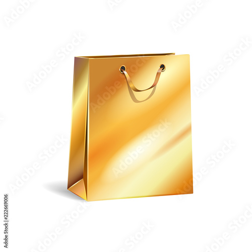 Vector illustration of empty gift gold paper shopping bag with gold ribbon for advertising, branding. Isolated mock up