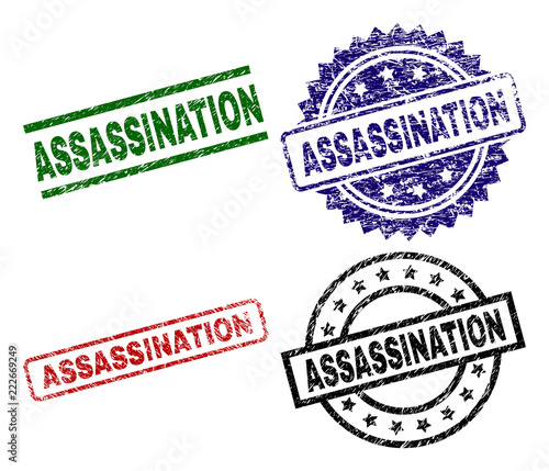 ASSASSINATION seal prints with corroded style. Black, green,red,blue vector rubber prints of ASSASSINATION caption with unclean texture. Rubber seals with circle, rectangle, medal shapes.