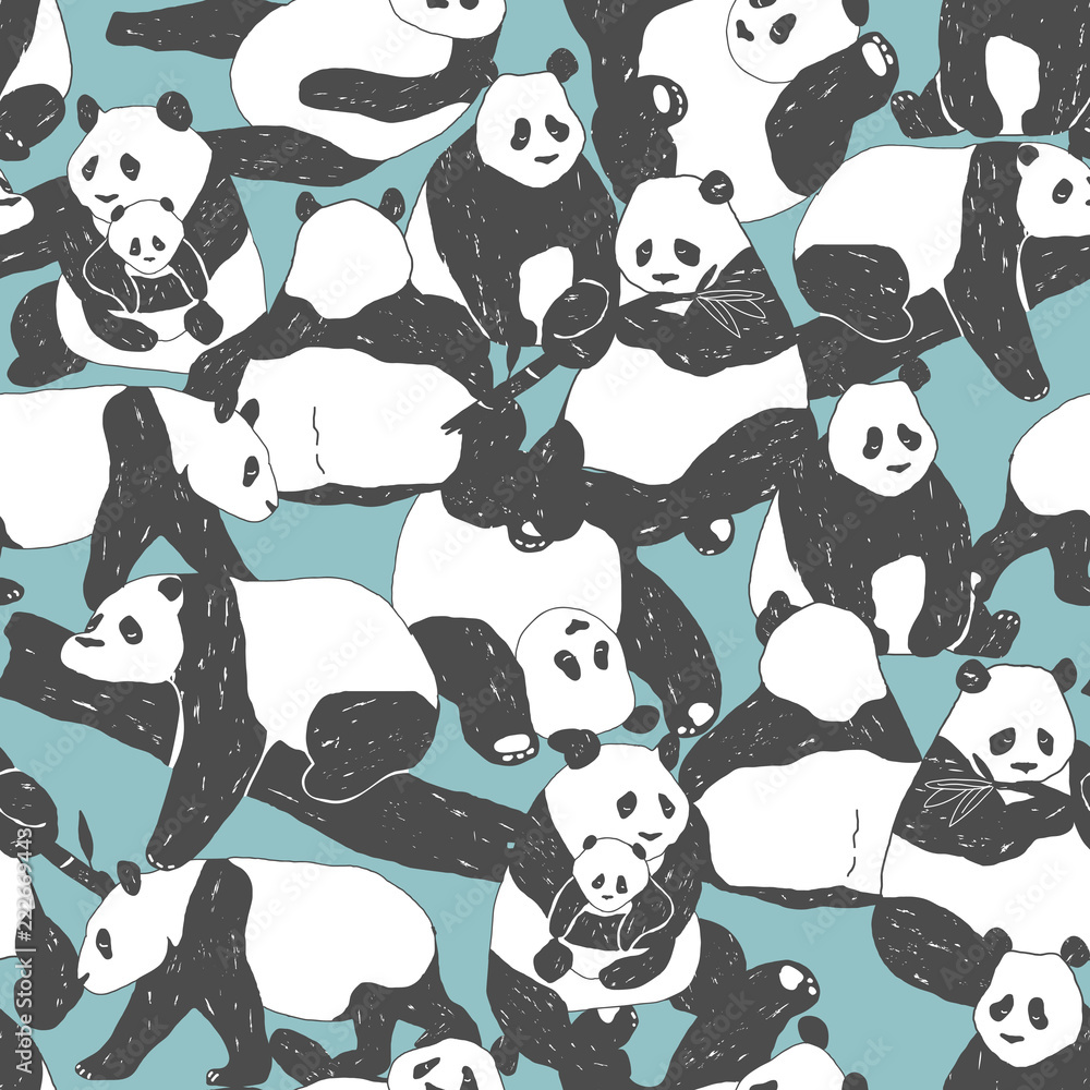 Obraz premium Cute Panda bear Seamless Pattern illustration for Textile Print, Poster, Cover, Children and Nursery Room, Wallpaper in vector