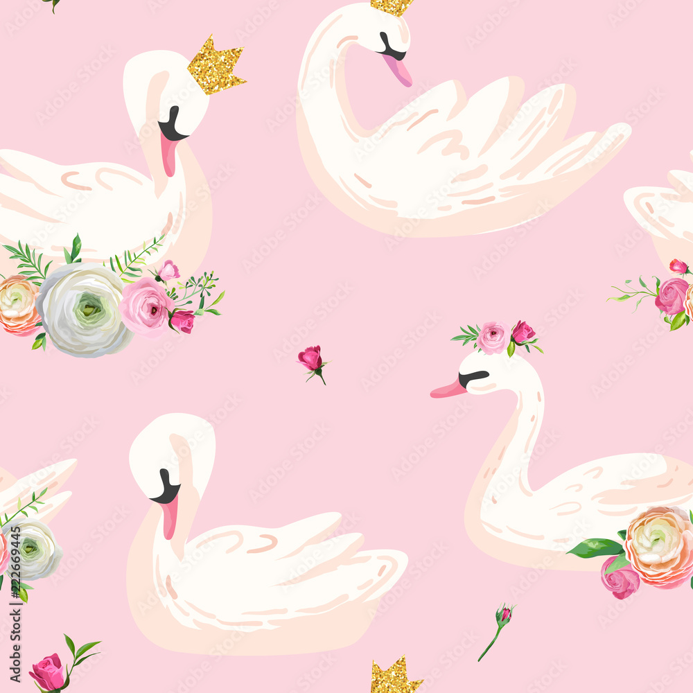Fototapeta premium Beautiful Seamless Pattern with white Swans in crowns, use for Baby Background, Textile Prints, Covers, Wallpaper, Posters. Vector Illustration