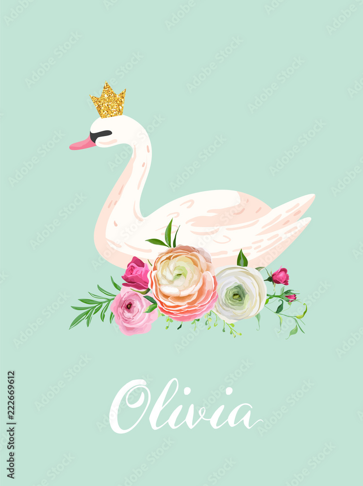 Fototapeta premium Illustration of Beautiful Swan with place for Baby Name for Poster Print, Baby Greetings, Invitation, Children Store Flyer, Brochure, Book Cover in vector