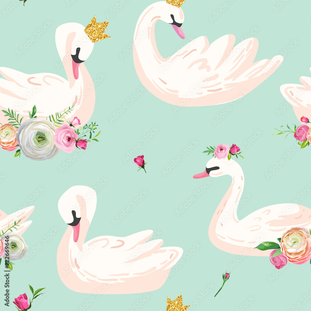 Naklejka premium Beautiful Seamless Pattern with white Swans in crowns, use for Baby Background, Textile Prints, Covers, Wallpaper, Posters. Vector Illustration